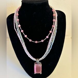 Pink & White Beaded Necklaces (2), Choker and Pink Pendant Necklace